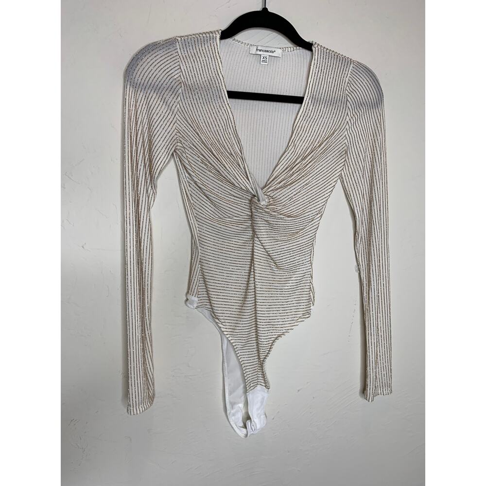 Francesca's Cream Gold Bodysuit Twist Bust Sz XS Coquette Glam - Picture 4 of 9